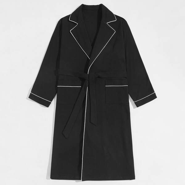 

Men Contrast Piping Dual Pockets Belted Robe, Black