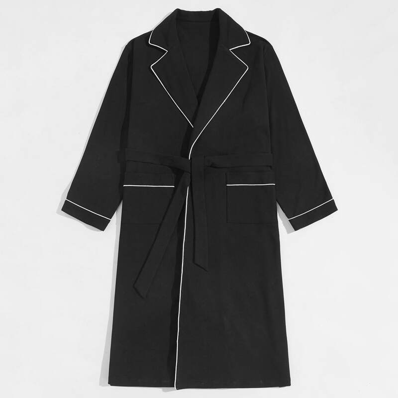 

Guys Contrast Piping Dual Pockets Belted Robe, Black