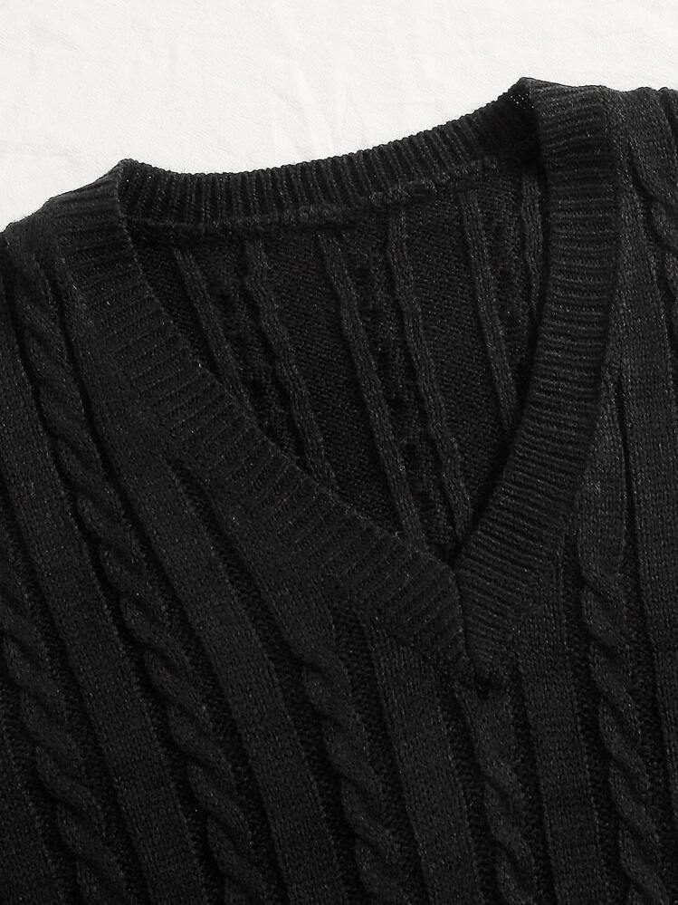 Franclia Chaleco jersey de cuello V tejido de cable - Negro - Añade 3