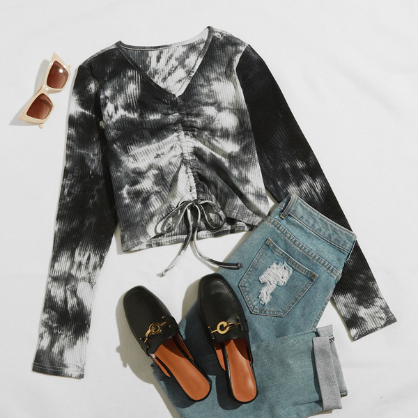 

Tie Dye V-neck Drawstring Front Tee, Black