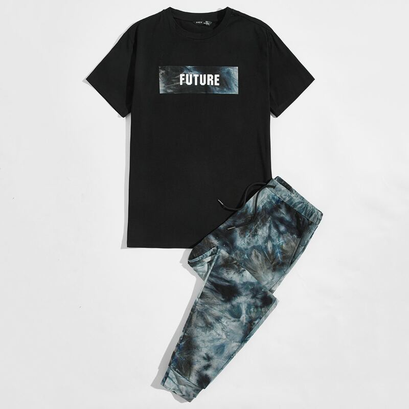 

Guys Letter Graphic Tee & Tie Dye Drawstring Sweatpants Set, Multicolor