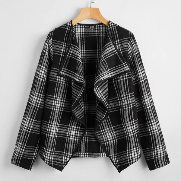 

Plaid Print Open Front Coat, Black and white