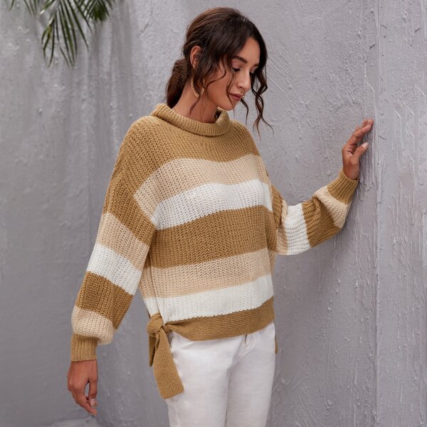

Turtleneck Colorblock Knot Side Oversized Sweater, Multicolor