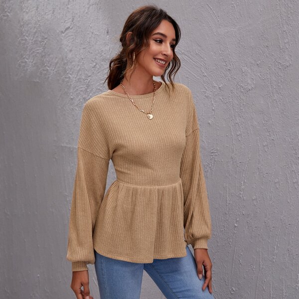

Drop Shoulder Waffle Knit Peplum Tee, Apricot
