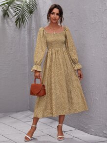 SHEIN Privé Dress Ruffle Plants Anggun - Unta - View 1