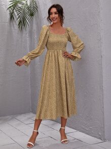 SHEIN Privé Dress Ruffle Plants Anggun - Unta - View 3