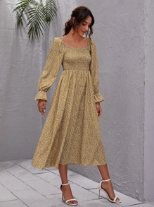 SHEIN Privé Dress Ruffle Plants Anggun - Unta - View 5