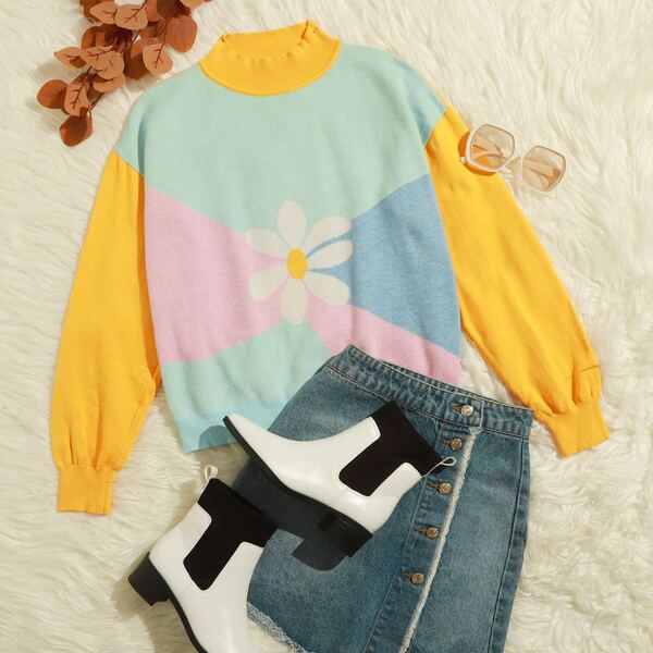 

Drop Shoulder Daisy Colorblock Sweater, Multicolor