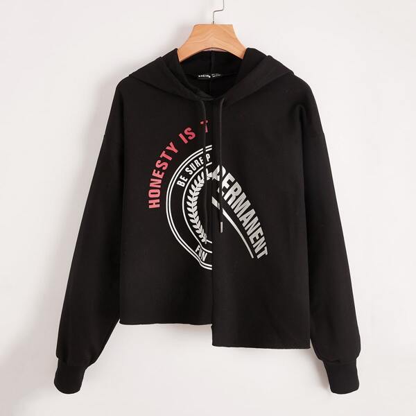 

Slogan Graphic Asymmetrical Drawstring Hoodie, Black