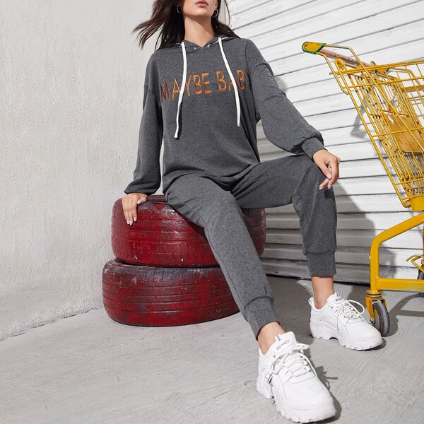 

Letter Embroidered Drop Shoulder Hoodie & Sweatpants Set, Dark grey