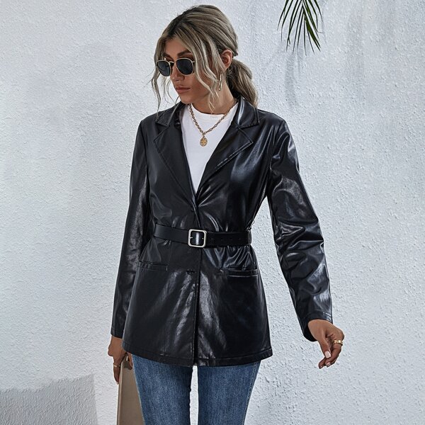 

Button Front PU Leather Blazer Without Belt, Black