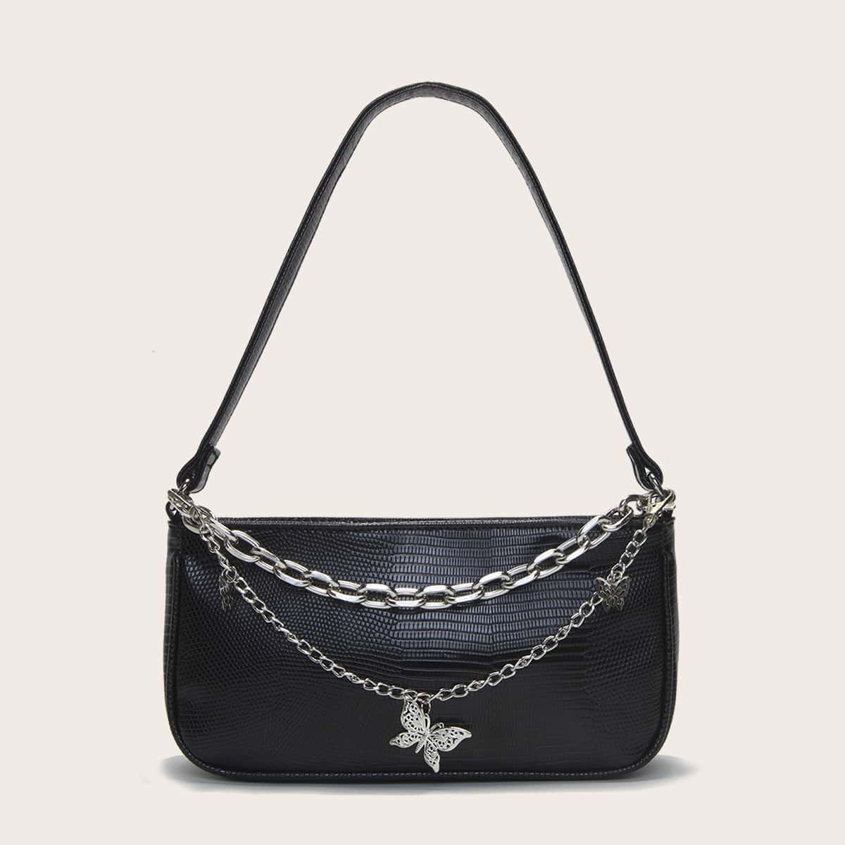 

Butterfly & Chain Decor Baguette Bag, Black