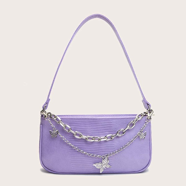 

Butterfly & Chain Decor Baguette Bag, Purple