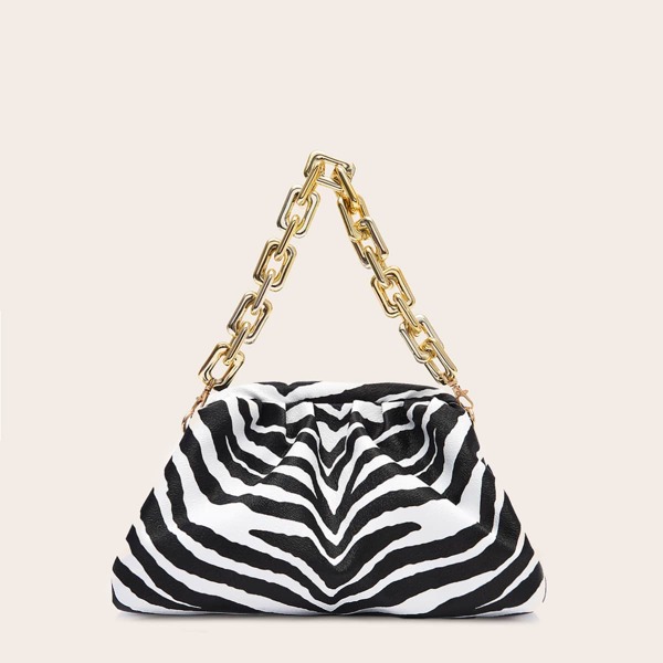 

Zebra Pattern Ruched Bag, Black and white