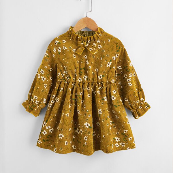 

Toddler Girls Ditsy Floral Frill Neck Corduroy Dress, Mustard yellow