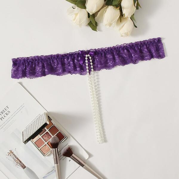 

Plus Floral Lace Beaded Crotchless Thong, Purple