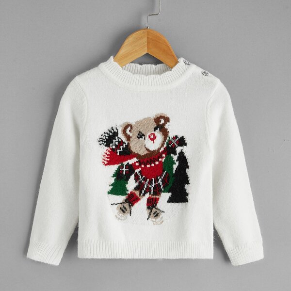 

Baby Girl Cartoon Bear Pattern Sweater, White