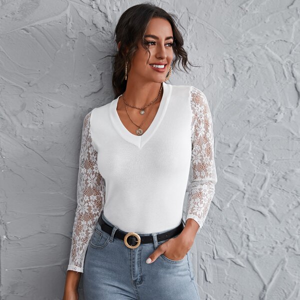 

Lace Sleeve Slim Sweater, White