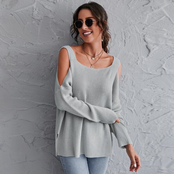 

Cold Shoulder Solid Sweater, Light grey