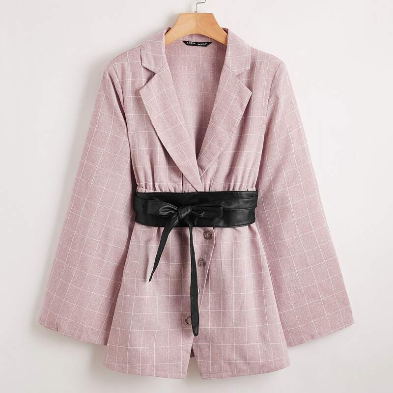 

Notch Collar Split Bell Sleeve Grid Blazer With PU Leather Belt, Lilac purple