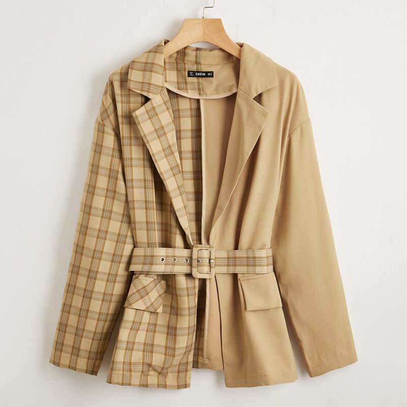 

Plaid Drop Shoulder Belted Blazer, Coffee brown