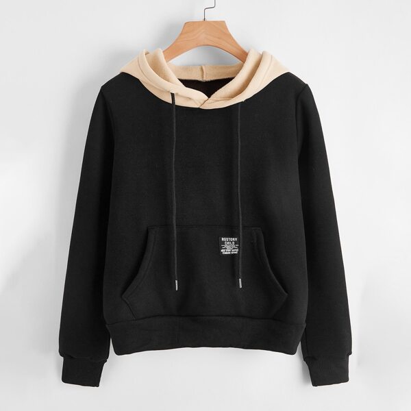 

Contrast Hooded Kangaroo Pocket Drawstring Hoodie, Black