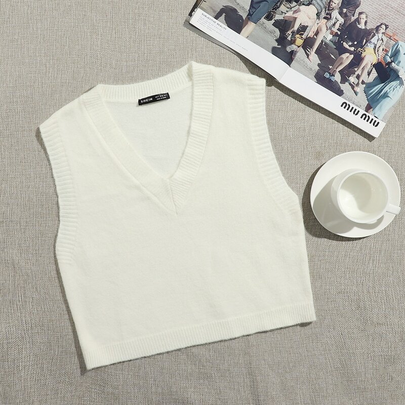 

V Neck Solid Sweater Vest, Beige