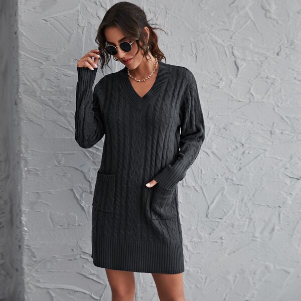 

Double Pocket Cable Knit Sweater Dress, Dark grey