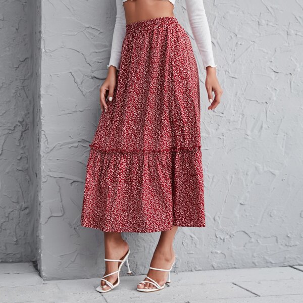 

Ditsy Floral Print Frill Trim Skirt, Red