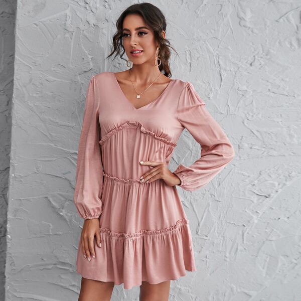 

Tie Back Frill Trim V-neck Ruffle Hem Dress, Dusty pink