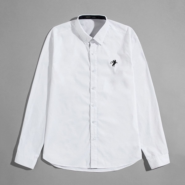 

Men Button Down Collar Embroidered Detail Shirt, White