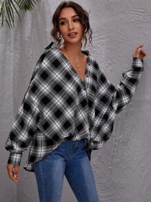 SHEIN LUNE Plaid Twist-Front Drop Shoulder Shirt - Black and White - View 3