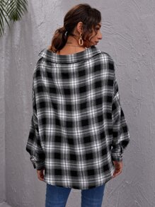 SHEIN LUNE Plaid Twist-Front Drop Shoulder Shirt - Black and White - View 2