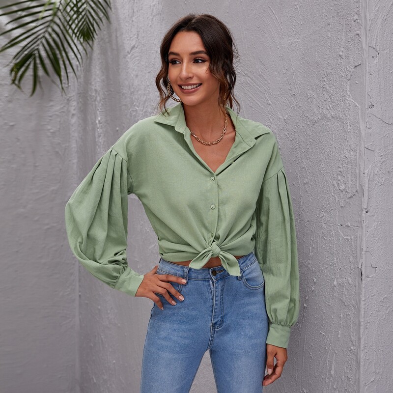

Drop Shoulder Buttoned Blouse, Pastel mint green