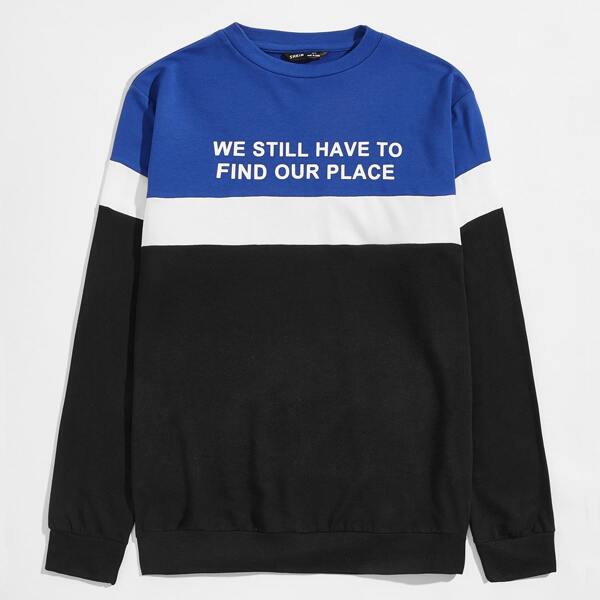 

Men Slogan Graphic Colorblock Pullover, Multicolor
