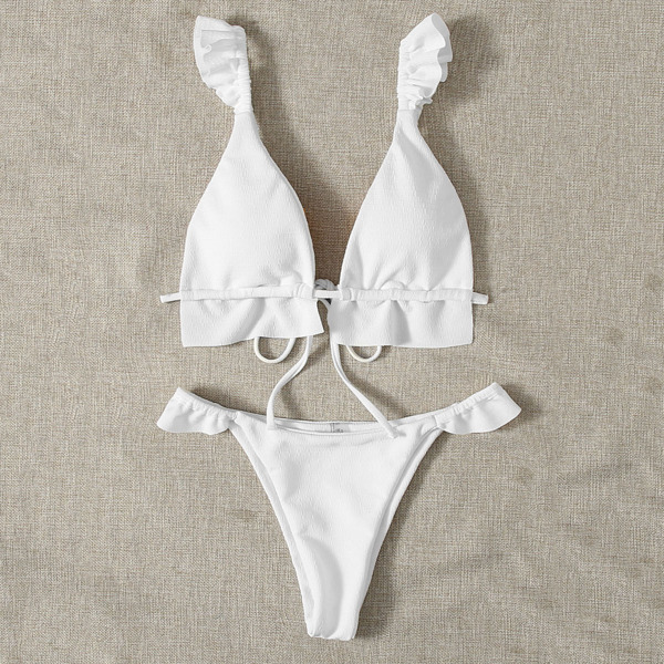 

Ruffle Trim Tie Back Triangle Bikini Swimsuit, White