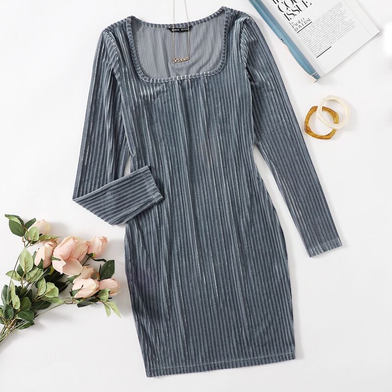 

Square Neck Ribbed Velvet Dress, Dusty blue