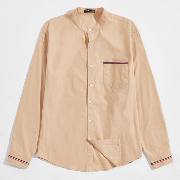 

Men Pocket Front Striped Tape Detail Shirt, Apricot