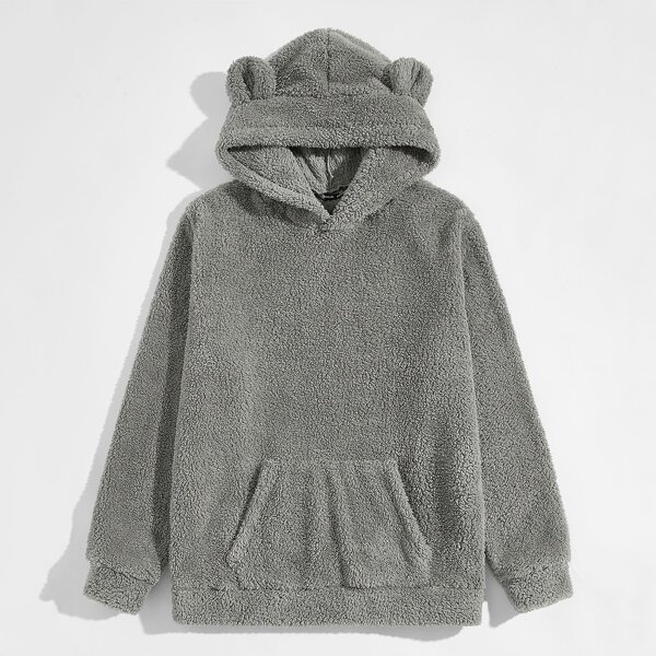 

Men Kangaroo Pocket Ears Hooded Teddy Sweatshirt, Grey