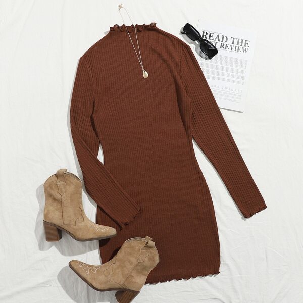 

Mock Neck Lettuce Trim Bodycon Dress, Rust brown