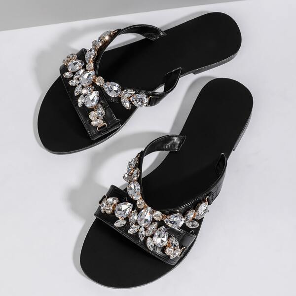 

Gemstone Decor Wide Fit Slide Sandals, Black