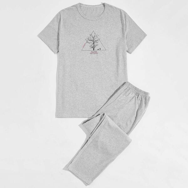 

Men Tree And Slogan Graphic Pajama Set, Light grey