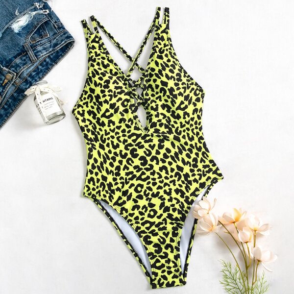 

Allover Graphic Plunging One Piece Swimsuit, Multicolor
