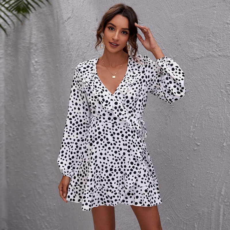 

Ruffle Trim Surplice Neck Knot Dalmatian Dress, Black and white