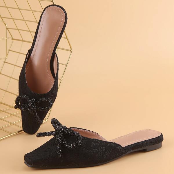 

Bow Decor Floral Lace Flat Mules, Black
