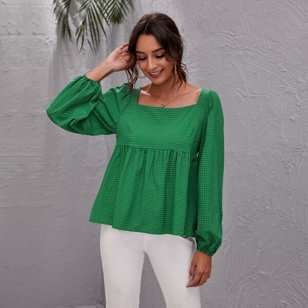 

Lantern Sleeve Gingham Smock Top, Green