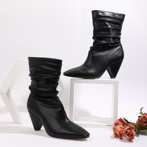 

Square Toe Sculptural Heeled Ruched Boots, Black