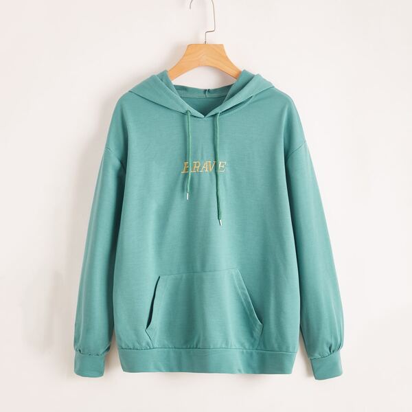 

Embroidered Letter Drawstring Hoodie, Cadet blue