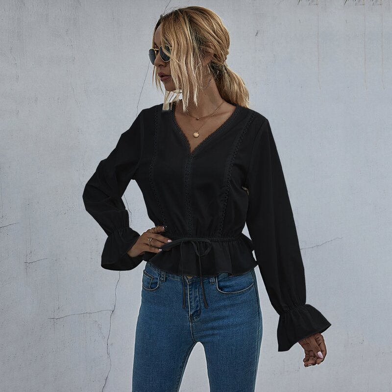 

Flounce Sleeve Tie Front Peplum Blouse, Black