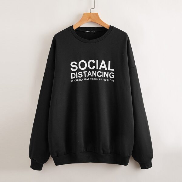 

Drop Shoulder Slogan Graphic Oversized Pullover, Black